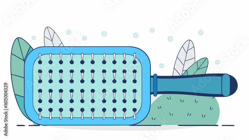 A colorful hairbrush lies on a soft green surface surrounded by stylized leaves and bubbles.