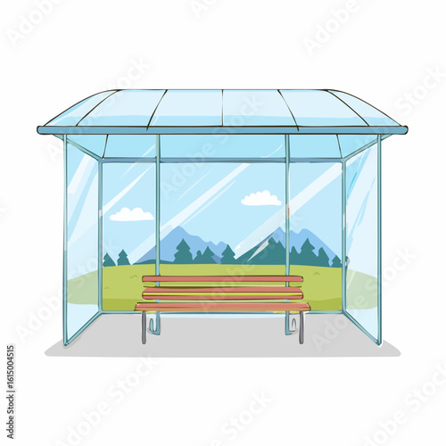 Landscape view through a glass bus stop shelter on a sunny day