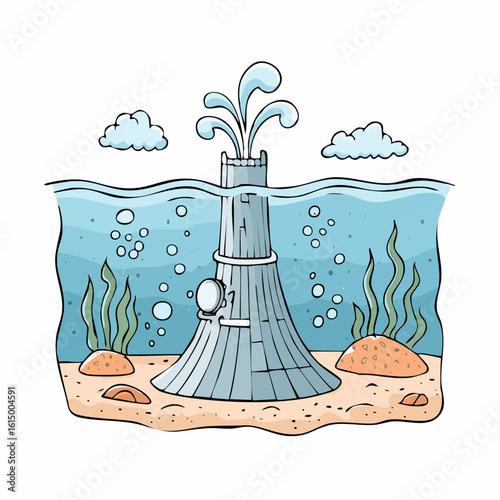 Stylized view of deep sea vent activity with plume and underwater plants