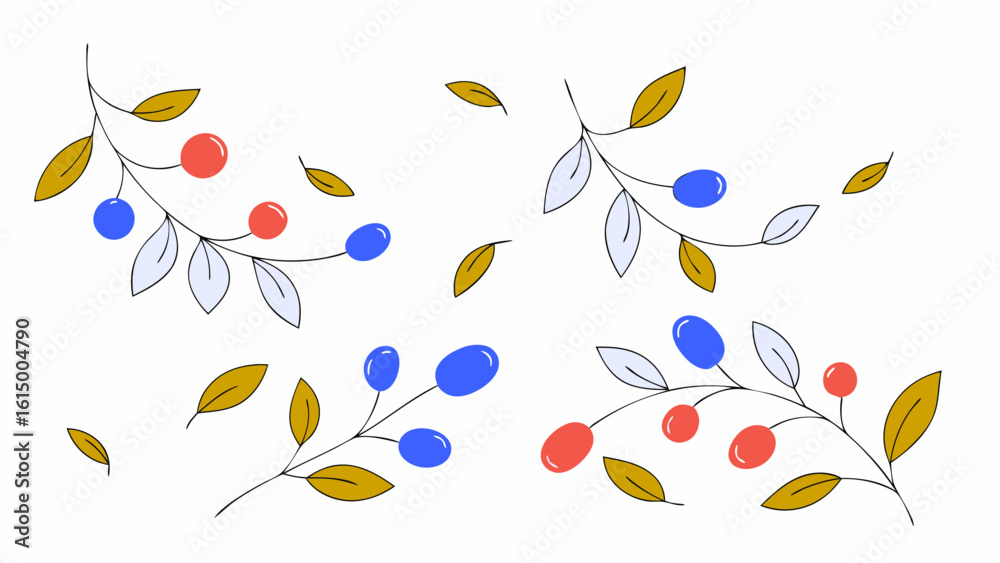Fototapeta premium Colorful botanical illustration featuring blue, red, and yellow leaves in a whimsical arrangement.
