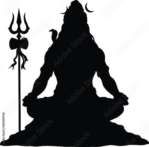 Silhouette of Lord Shiva in a meditative pose, with trident and drum.