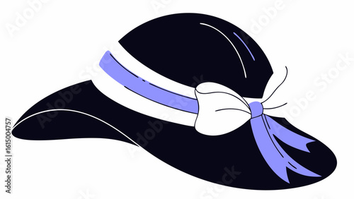 Stylish black hat with a white band and lavender bow, perfect for sunny days and elegant outings.