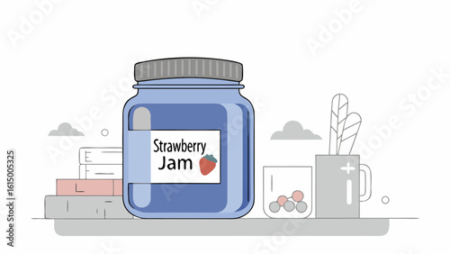 A vibrant jar of strawberry jam against a minimalist kitchen backdrop, showcasing its colorful label and playful design.
