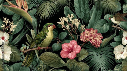 A vibrant tropical arrangement with birds, hibiscus, and lush green foliage on a dark background © Alina Art Works