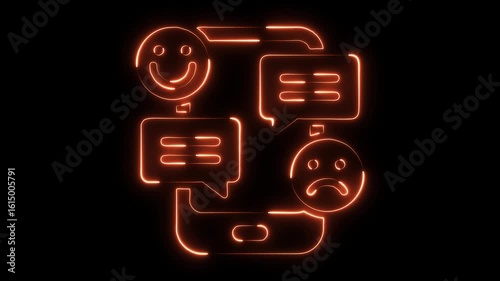 Glowing Neon Orange Smartphone Chat Bubbles With Happy Sad Emoticons Communicating Online Digital Conversation Concept