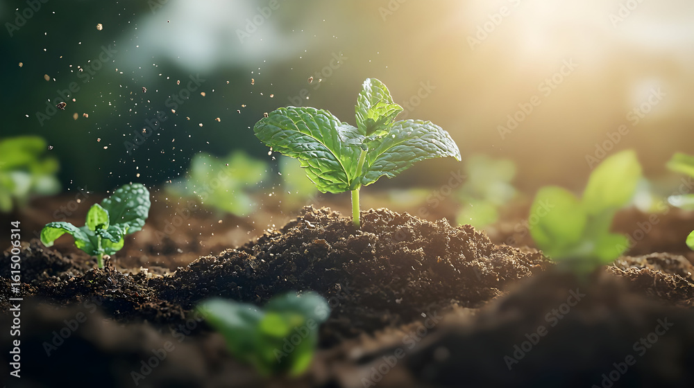 Freshly planted mint seedlings in rich soil, bathed in sunlight and gentle rain. Small, vibrant green plants sprout from dark, fertile earth Freshly planted mint seedlings in rich soil, bathed in sunlight and gentle rain. Small, vibrant green plants sprout from dark, fertile earth