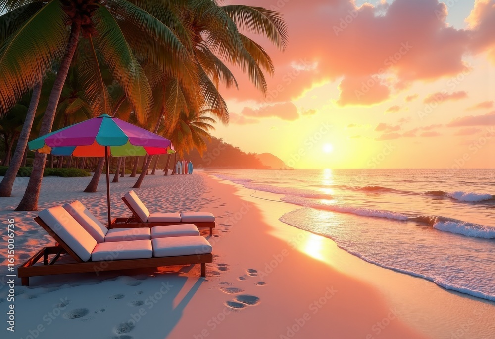 Naklejka premium tropical beach essentials vibrant sunset soothing waves relaxation serenity sand paradise escape gear, ocean, surfer, plant, umbrella, flipflop, coconut