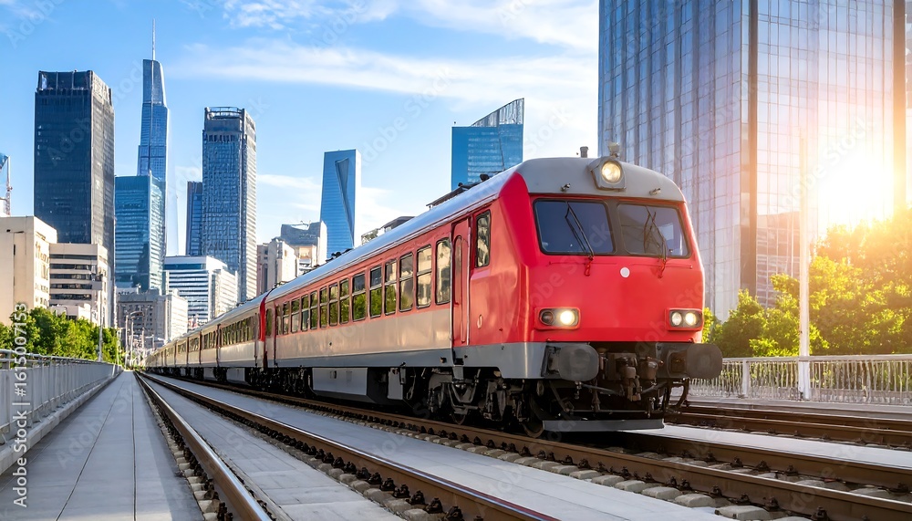 Fototapeta premium Modern passenger train on tracks, city skyline backdrop