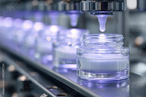 Automated filling system dispensing thick cream into clear jars under vibrant blue-purple light in a clean factory, ideal for promoting skincare production, beauty tech, and cosmetic manufacturing.
