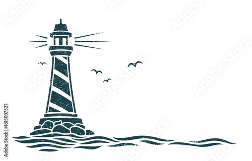 Seascape with a lighthouse and seagulls.