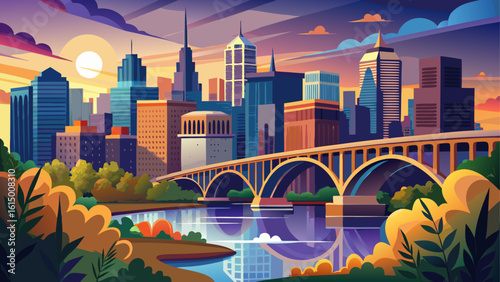 The Minneapolis, Minnesota skyline gleams beside the Mississippi River. Semi-realistic detail enhances the Stone Arch Bridge, leafy banks, and golden skies of a northern evening.