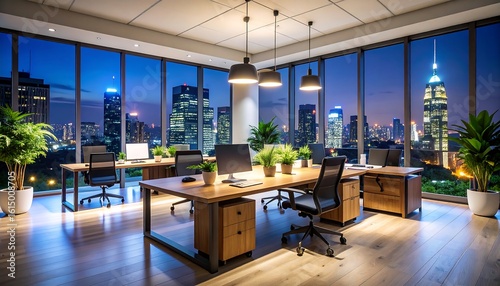 Modern, nighttime office space overlooking a cityscape