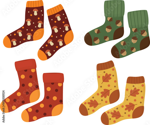 Set of a cute socks on an autumn theme. Four pairs of cozy socks isolated on white background