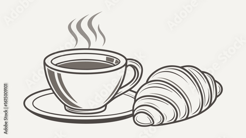 Hand drawn illustration of a steaming cup of coffee and a croissant
