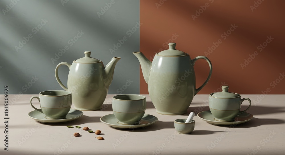 Fototapeta premium Elegant Teapot and Cup Set Styled on Table with Natural Light