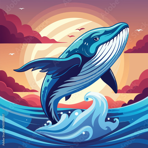 Majestic Whale Leaping from the Ocean at Sunset a Colorful Vector Illustration