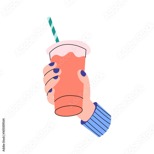 Flat style illustration of a hand holding a pink smoothie or cold drink in a plastic cup with a green striped straw. The hand has purple-painted nails and wears a blue striped sleeve.