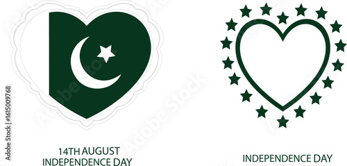 A heartfelt design celebrating Independence Day, featuring two unique heart shapes. The left heart includes the crescent moon and star from the Pakistani flag, while the right heart is adorned with st