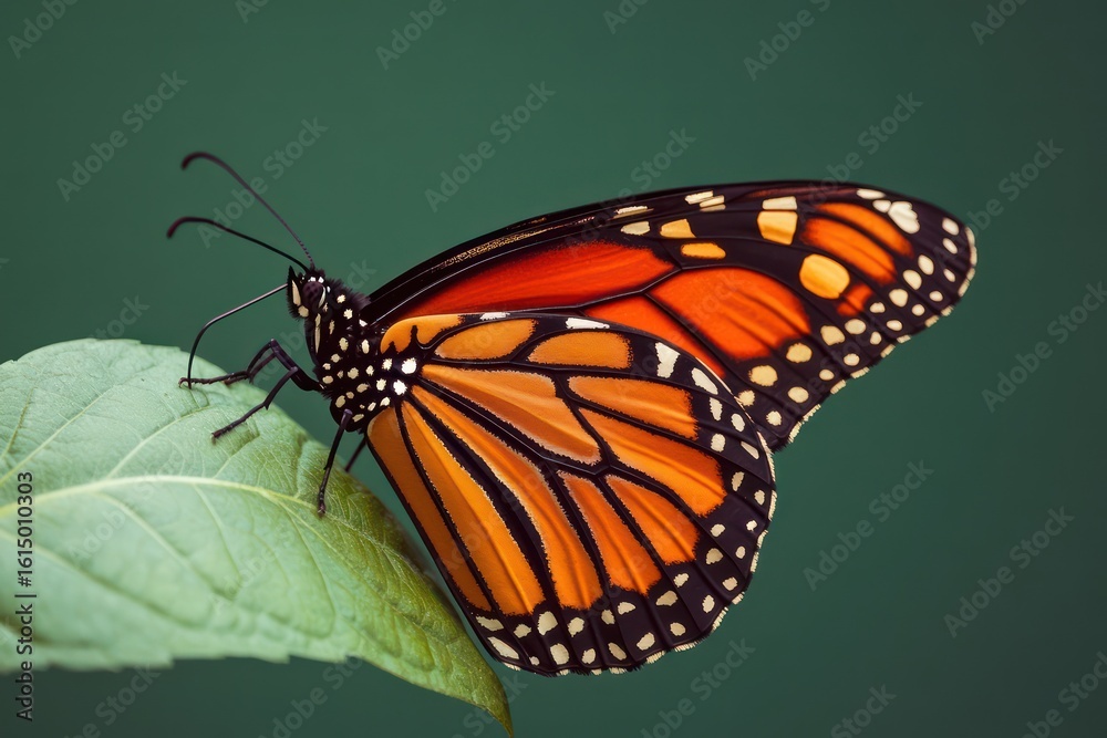 Fototapeta premium Monarch butterfly resting on green leaf surface