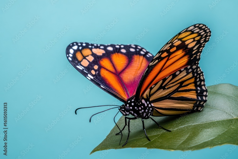 Fototapeta premium Monarch butterfly resting on green leaf surface