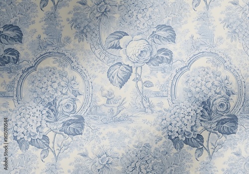 Elegant blue toile wallpaper design with floral bouquets and classic scenes repeating continuously