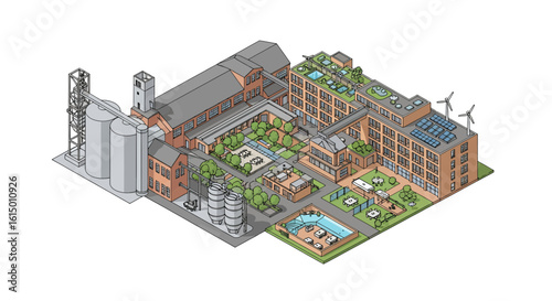 Sustainable urban complex with green spaces and renewable energy