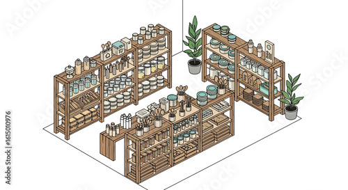 Pantry shelves with jars, cans, and kitchenware display