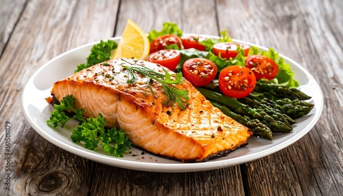 Pan-seared salmon fillet with roasted asparagus and cherry tomatoes