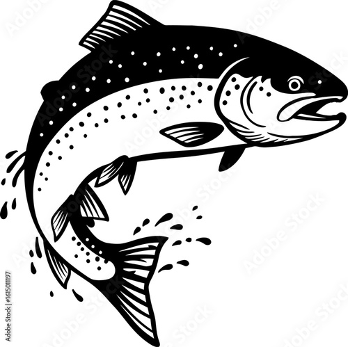 Monochrome Illustration Of A Fish Leaping With Detailed Fins And Scales