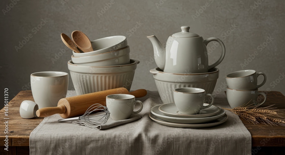 Fototapeta premium Elegant Ceramic Dinnerware Display on Wooden Tabletop for Kitchen