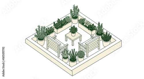 Outdoor seating area with potted plants and table