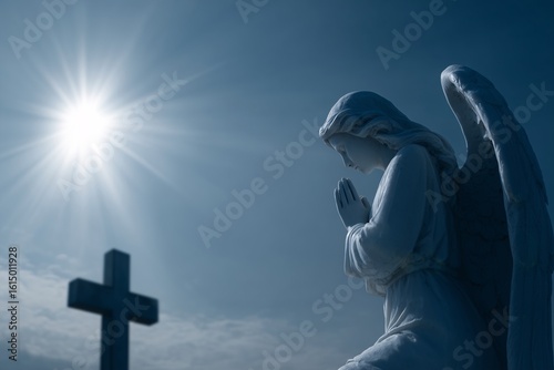 Angel statue in prayer beside cross and sun, Soft light casting divine glow on angel, Symbol of faith and heavenly peace