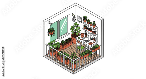 Balcony garden with plants, tools, and DIY decor