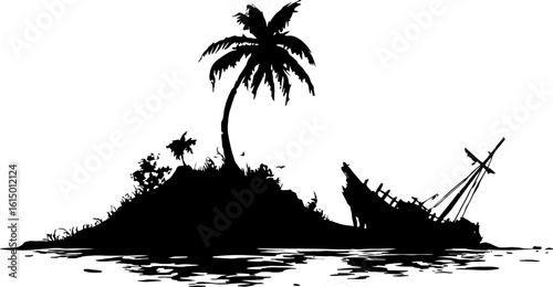 Silhouette of Island with Palm Tree and Wreckage on White Backdrop