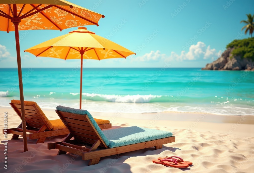 Obraz premium vibrant beach lounge setup flip flops sun loungers umbrella colorful towels relaxation coastal paradise, sea, ocean, sand, shore, sunset, holiday, vacation