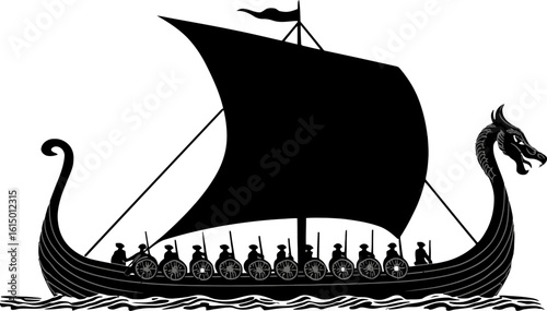 Silhouette Of Viking Longship Sailing With Dragon Figurehead And Crew
