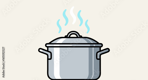 A silver cooking pot with a lid is steaming, indicating that something is being cooked inside.