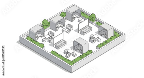 Modern office courtyard layout with seating and greenery