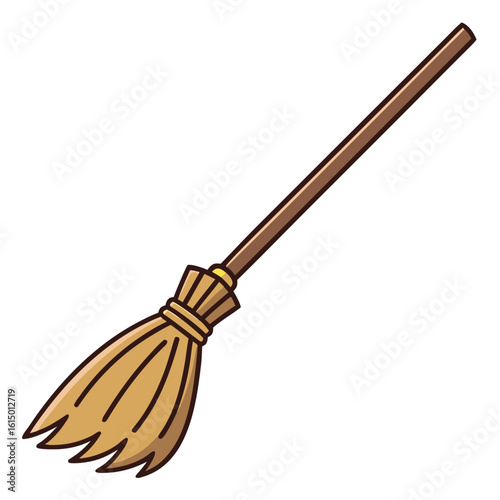 Cartoon broom with wooden handle and straw bristles
