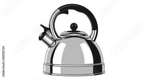 Sleek stainless steel whistling kettle, classic design, kitchen appliance.