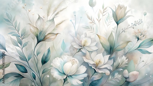 Delicate watercolor painting of a soft ethereal floral arrangement with pale white and blush pink blossoms and wispy green foliage