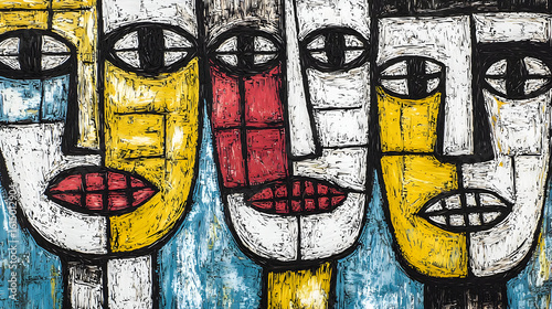 Abstract faces, close-up, geometric, bold colors, stylized, textured, group portrait,  emotional expressions,  diverse,  art piece,  modern
