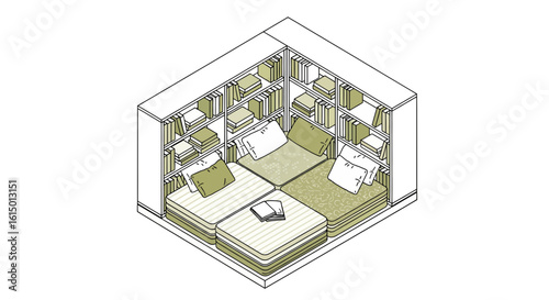 Cozy reading nook interior with bookshelves and cushions