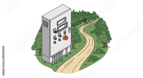Industrial control panel in forest landscape