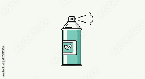 Illustration of a teal spray can emitting a fine mist, simple design.