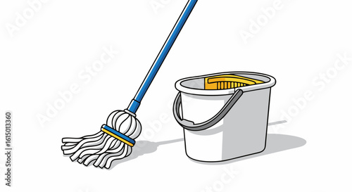 Cartoon depiction of a mop leaning beside a cleaning bucket with handle.