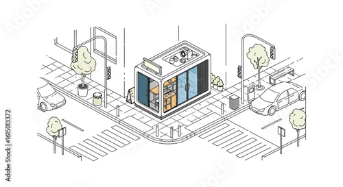 Street corner cafe isometric view urban scene