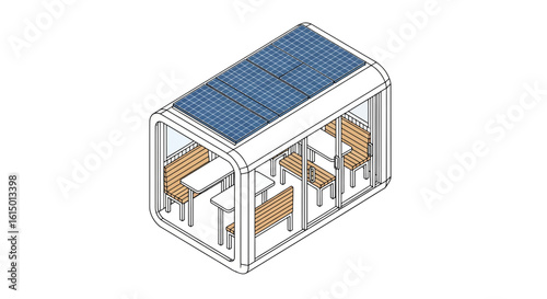 Solar powered outdoor seating area with tables and benches