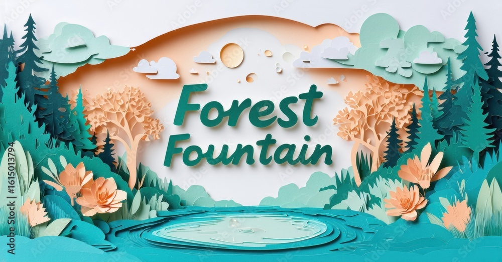 Fototapeta premium Papercraft forest scene depicts fountain, trees, flowers. Soft colors create peaceful, whimsical atmosphere. Nature illustration.
