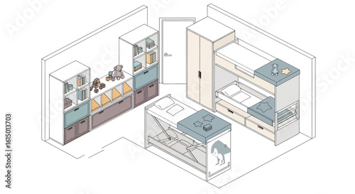 Nursery room layout with storage and a convertible bed